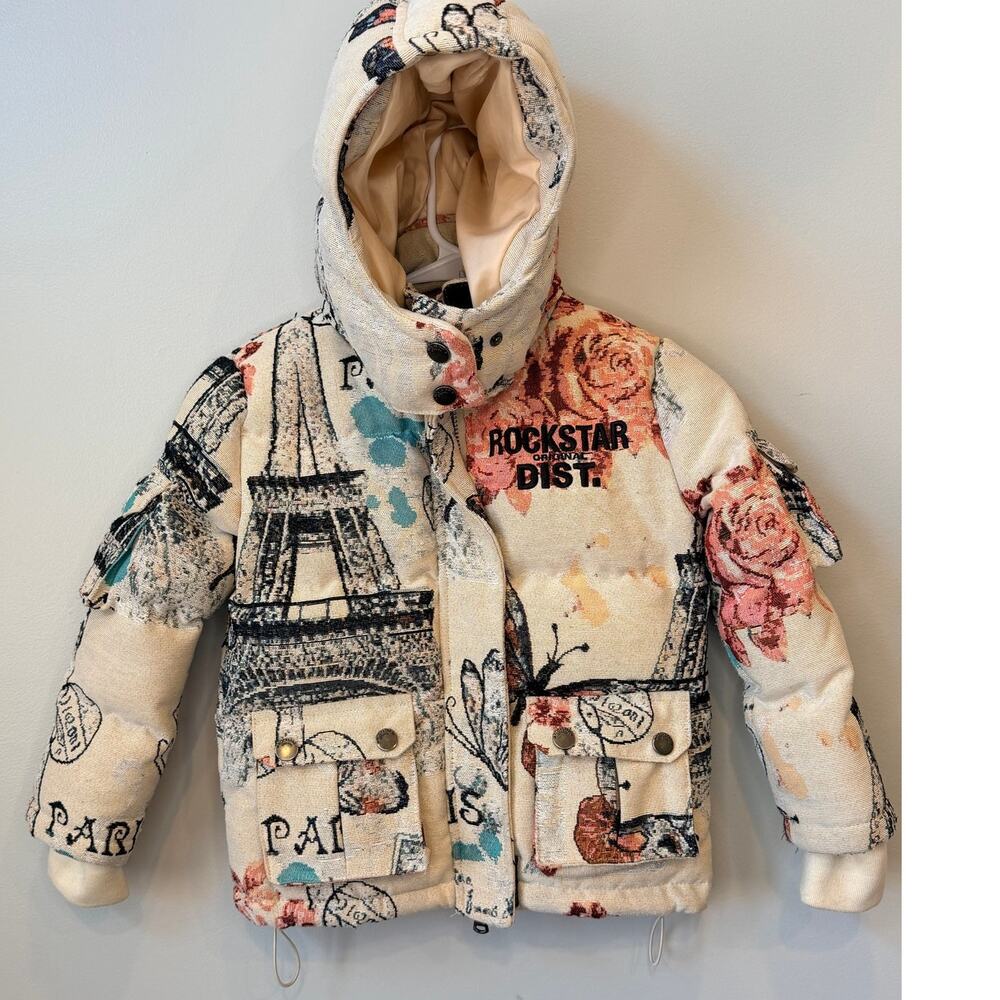 Rockstar Original Kids Paris Tapestry Puffer Utility Jacket Hooded Floral Size 6